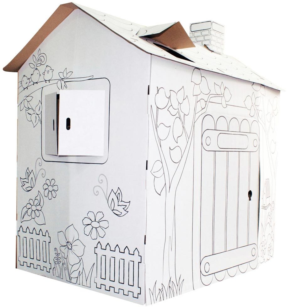 Cabane en carton à colorier pour enfant, modèle maison en carton à monter soi-même